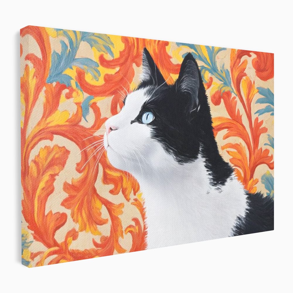 Tablou canvas cu tablou canvas cu pisica si fundal floral, fara rama, pe sasiu de lemn